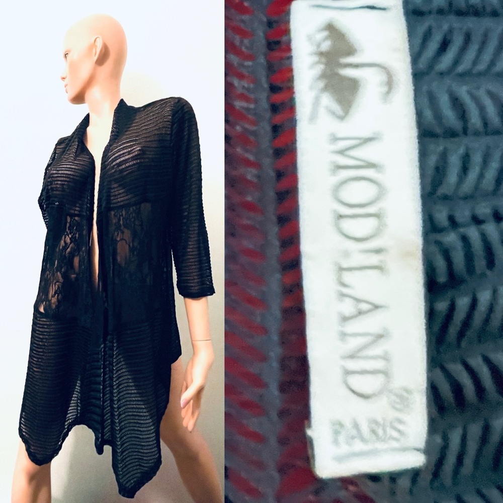 MOD’LAND PARIS Chic Black Lace Cardigan Style Asymmetrical Tunic Top Size Large